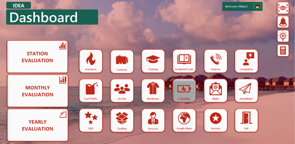 Dashboard mit verschiedenen Kachel-Icons zu Funktionen und Einstellungen.